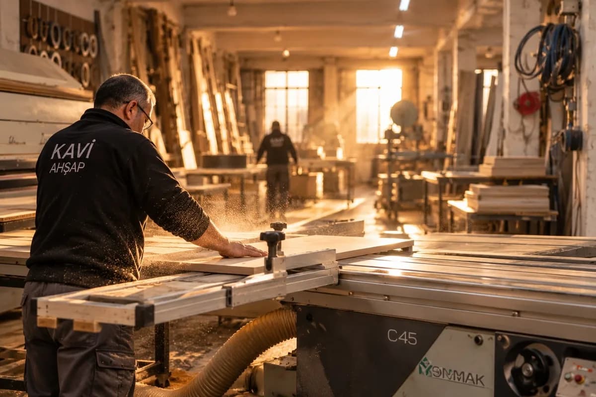 Atölyede yatar panel testeresinde çalışan usta, akşam ışığı